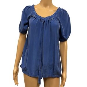Silk Cynthia Steffe Luxury Blue Short Puff Sleeve Blouse Laced Tie Neck size XS